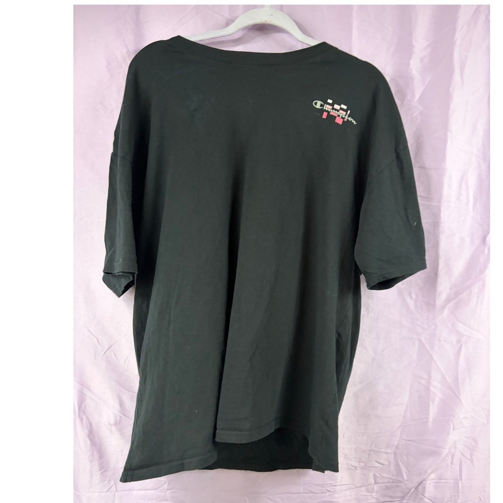 Champion Mens XL Black Graphic T-Shirt Pink Checkered Big C Logo Short Sleeve